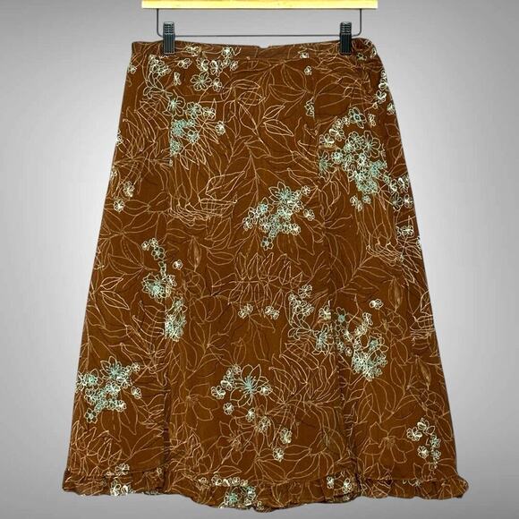 Vintage Classic Women Skirt 8P Brown‎ Aqua Floral Chiffon Ruffle Midi Old Money - Picture 1 of 12